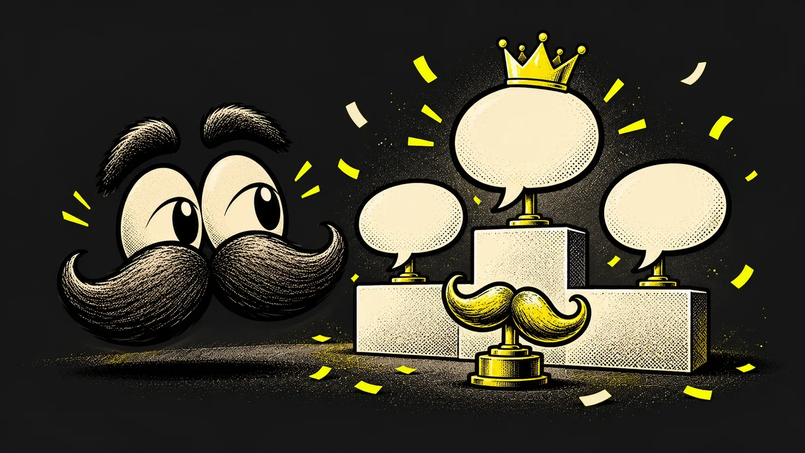 Stache admires a winners podium of speech bubbles and a moustache-shaped trophy.