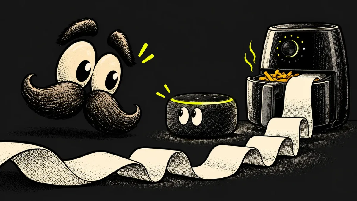 Stache faces a smart speaker, an air fryer and a comically long shopping receipt.