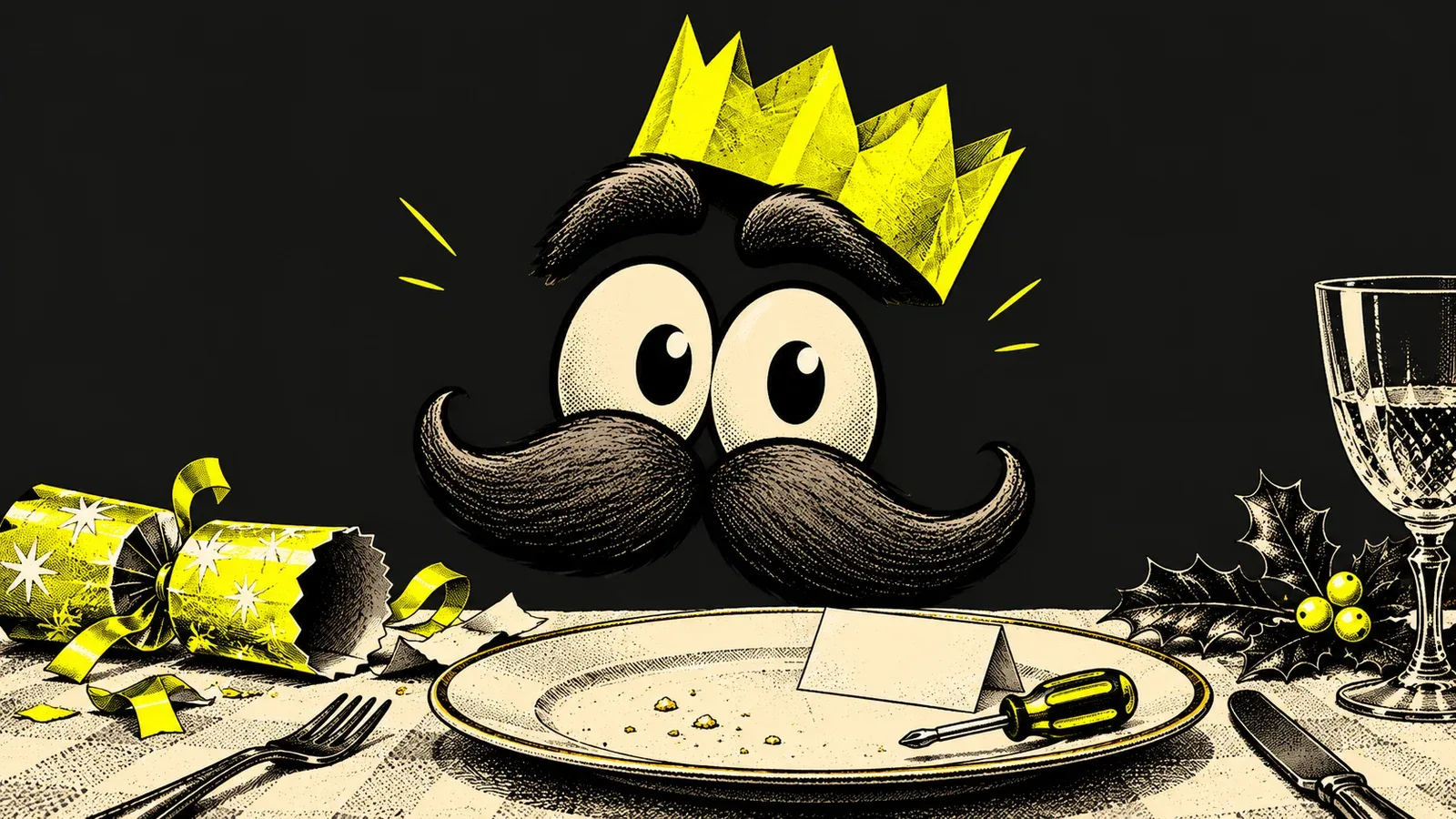 Stache wears a yellow paper crown beside an opened cracker, a joke slip and a tiny screwdriver.
