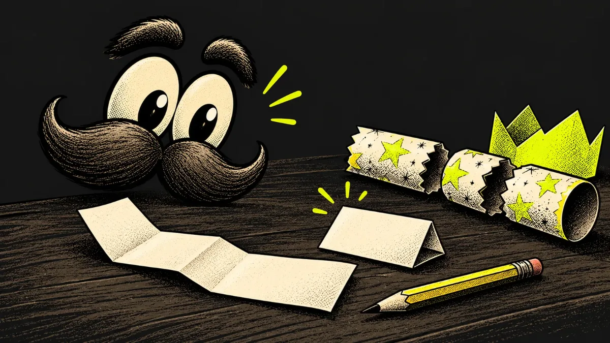 Stache helps prepare a folded joke slip beside a pencil, paper crown and Christmas cracker.