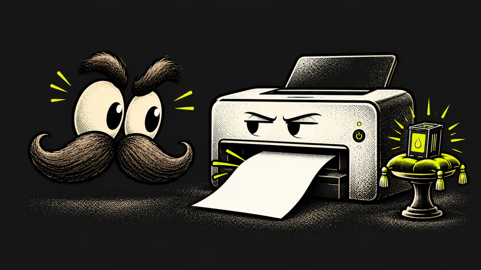 Stache watches a stern printer demand an ink cartridge displayed on a pedestal.