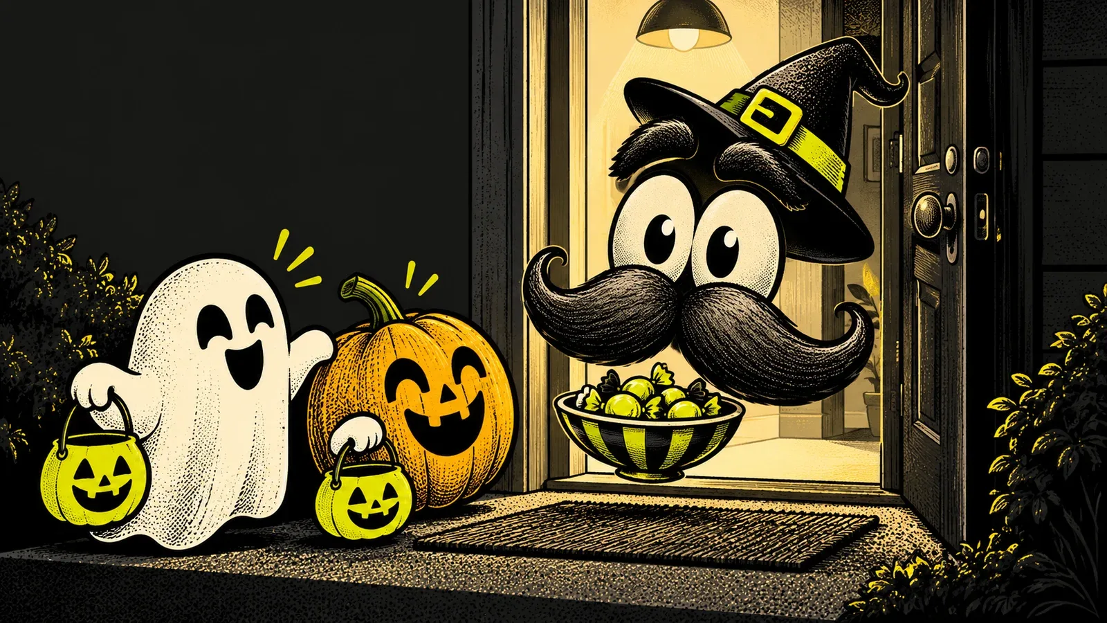 Stache in a witch hat welcomes a friendly ghost and pumpkin with a bowl of sweets.