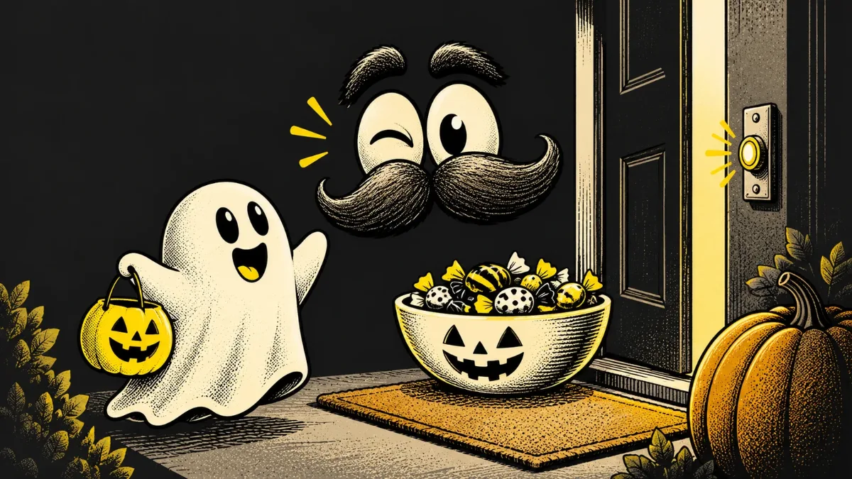 Winking Stache greets a friendly ghost beside a doorbell and a bowl of Halloween sweets.