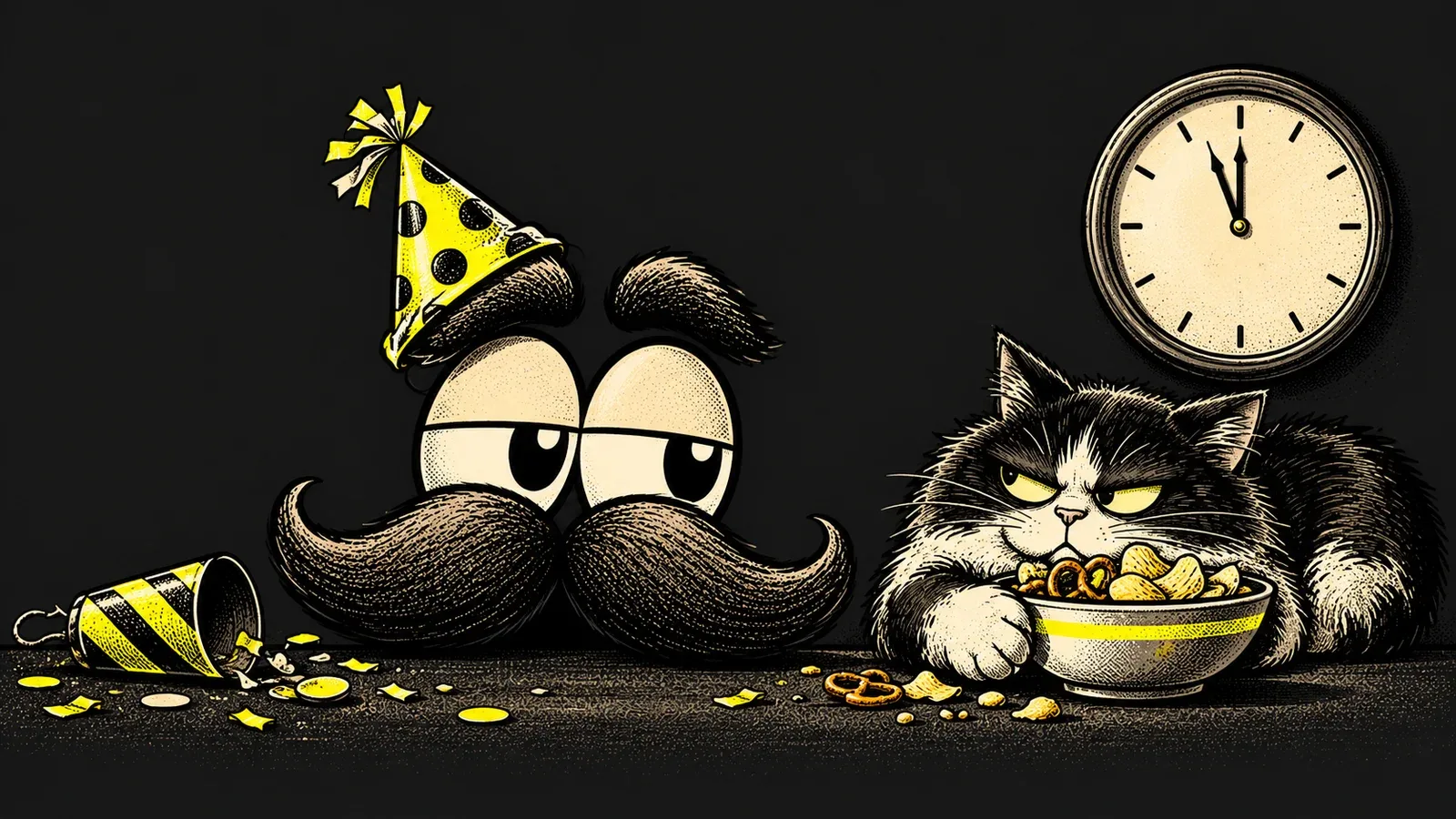 Sleepy Stache wears a party hat beside a clock and a cat guarding the New Year snacks.
