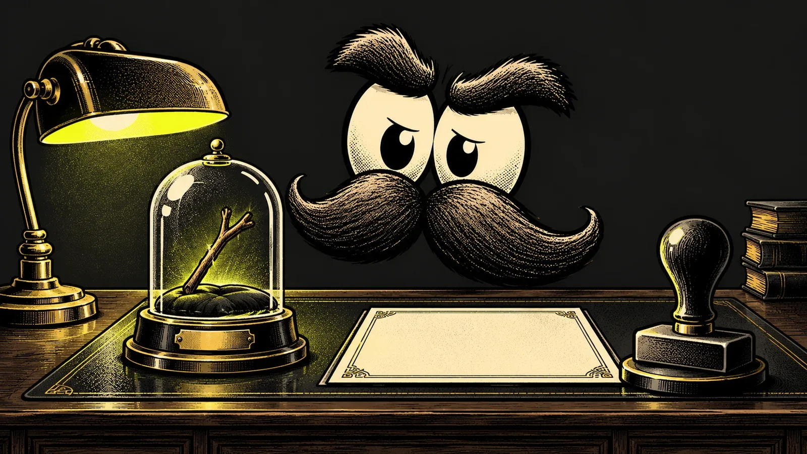 Stache examines a twig under a museum dome beside a blank certificate and rubber stamp.