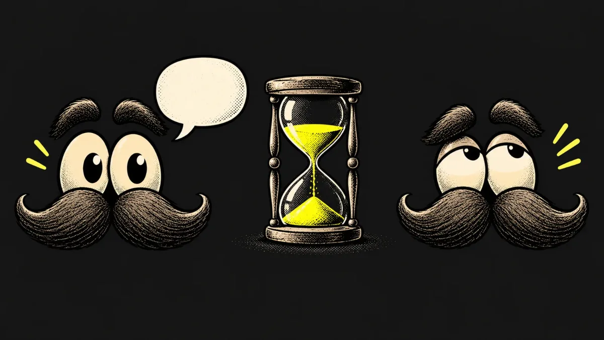 A speech bubble, an hourglass and an eye-rolling Stache illustrate the setup, pause and reaction to a dad joke.